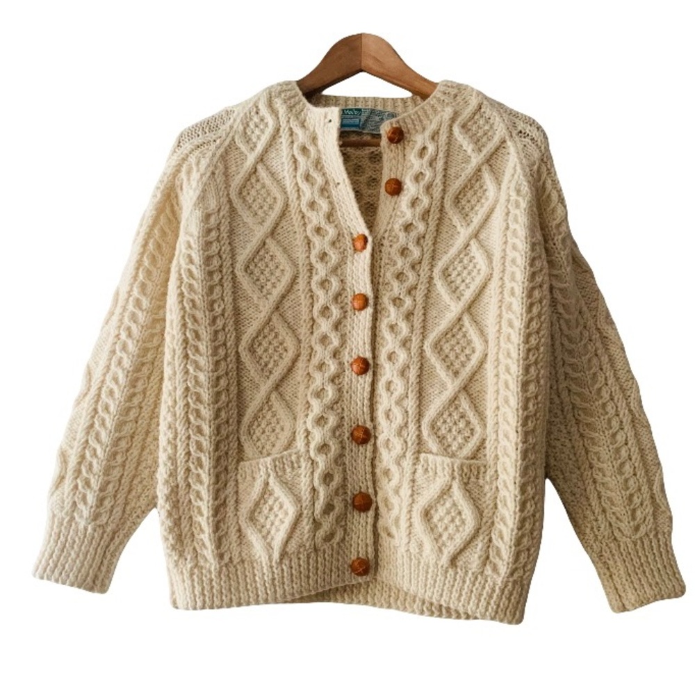 Vintage Pure Wool Cable Knit Cardigan Sweater Women Size M Cabincore Fisherman